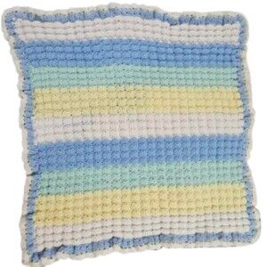 Handmade Crochet Afghan Baby Blanket Striped 31 X 31" Blue Green Yellow White